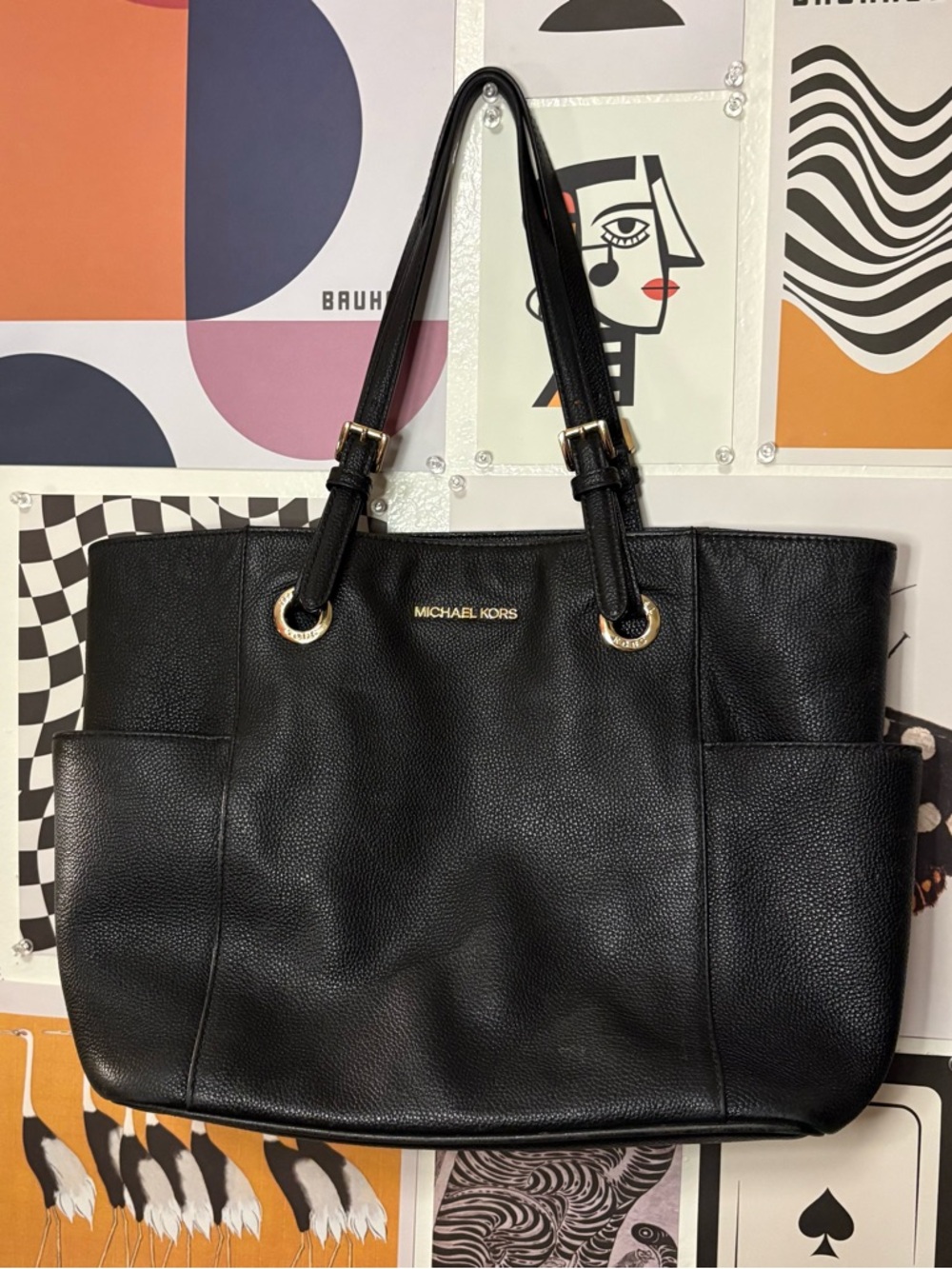 Michael Kors Black Pebbled Leather Tote with Gold Hardware